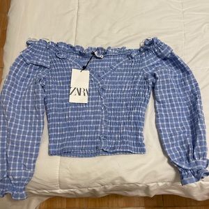 Zara size small off shoulder blue and white plaid long sleeve